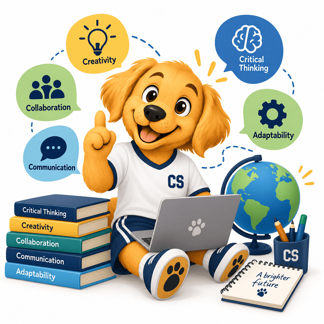 Bruno junto a libros y un computador, rodeado de las habilidades de creatividad, pensamiento crítico, colaboración, comunicación y adaptabilidad