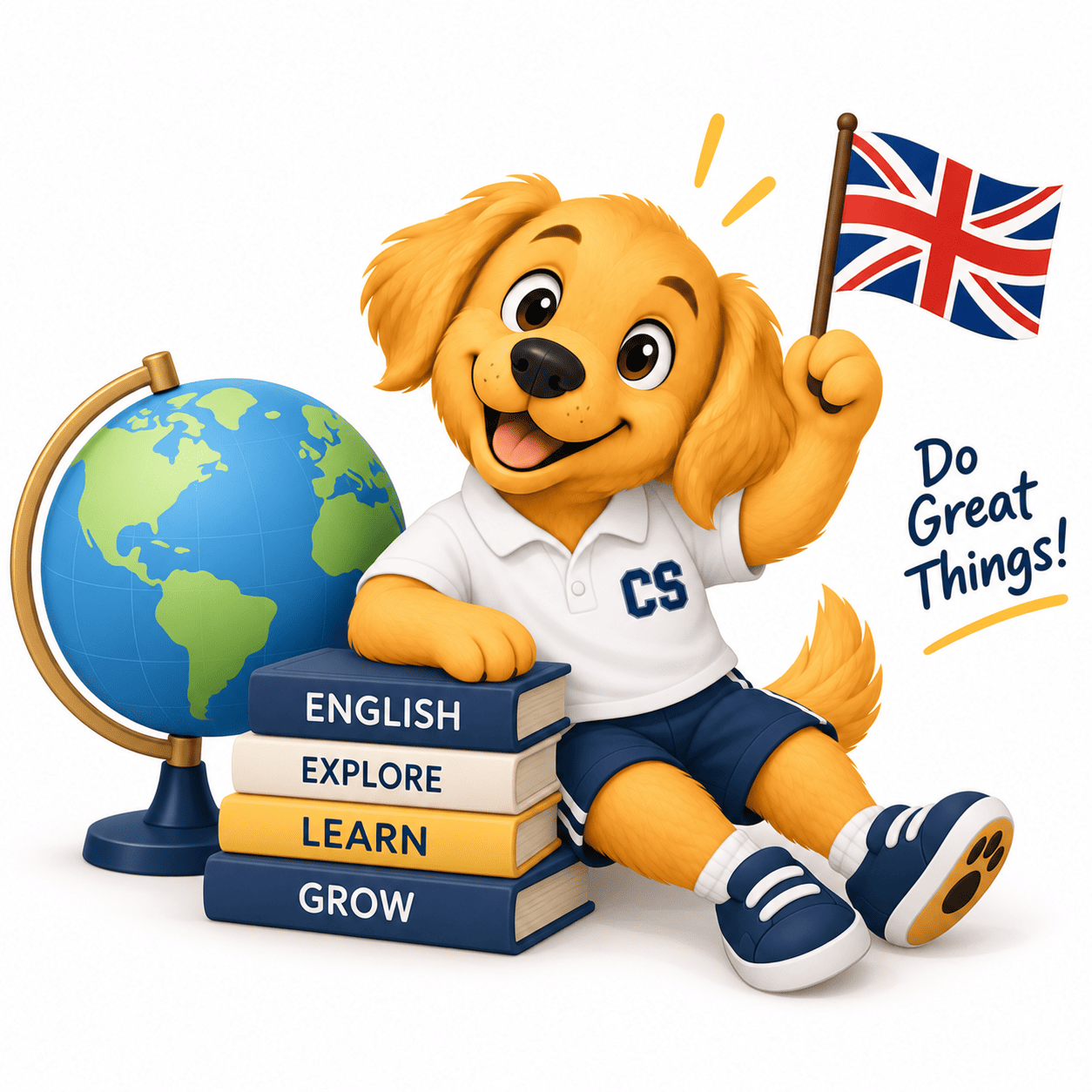 Bruno con un globo terráqueo, libros en inglés y una bandera británica