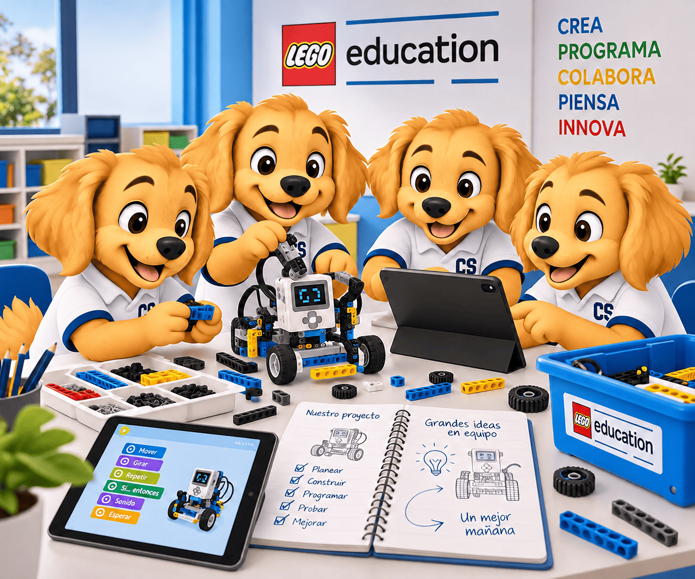 Bruno y estudiantes construyendo y programando un robot con LEGO Education