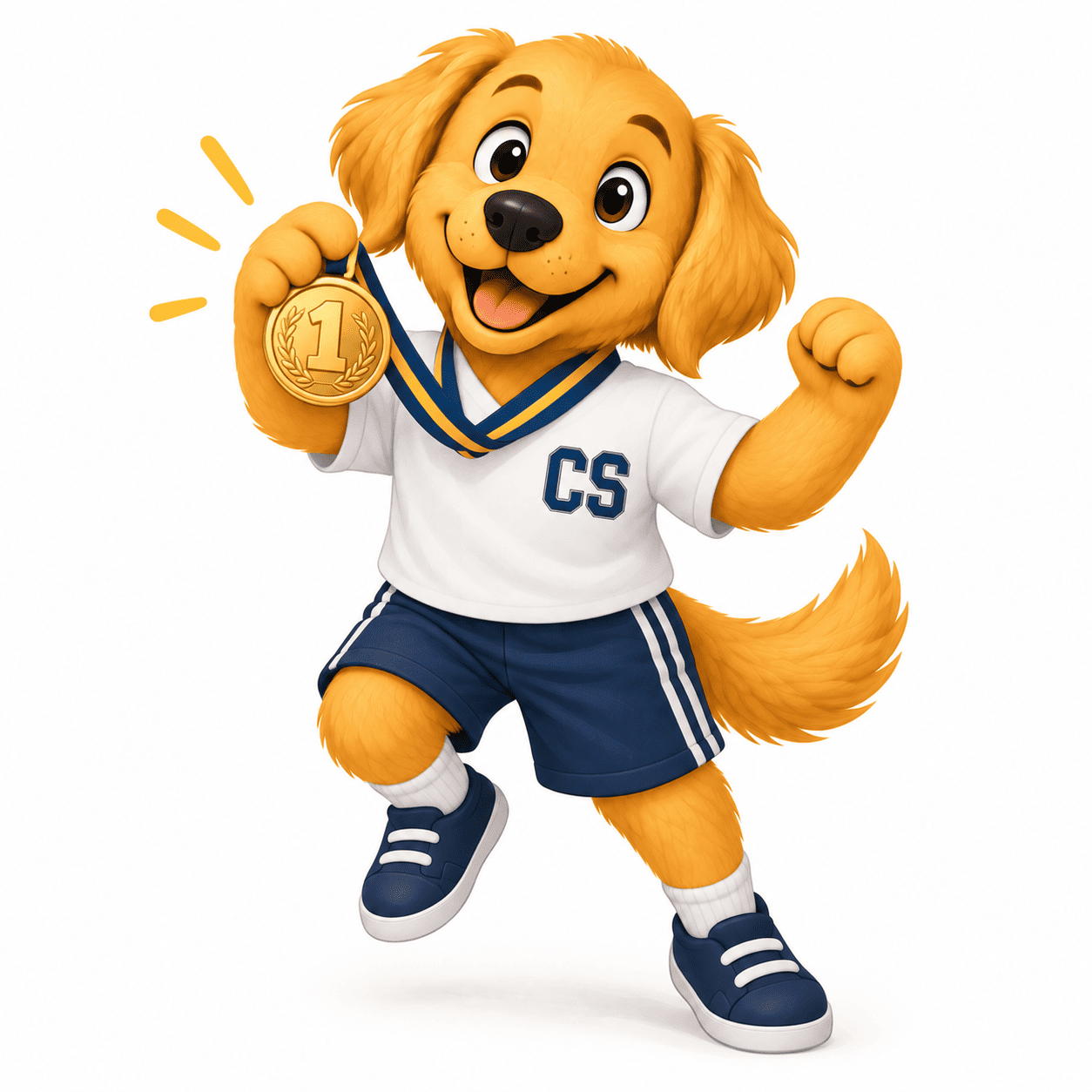 Bruno, la mascota del Colegio Calatrava, celebrando con una medalla