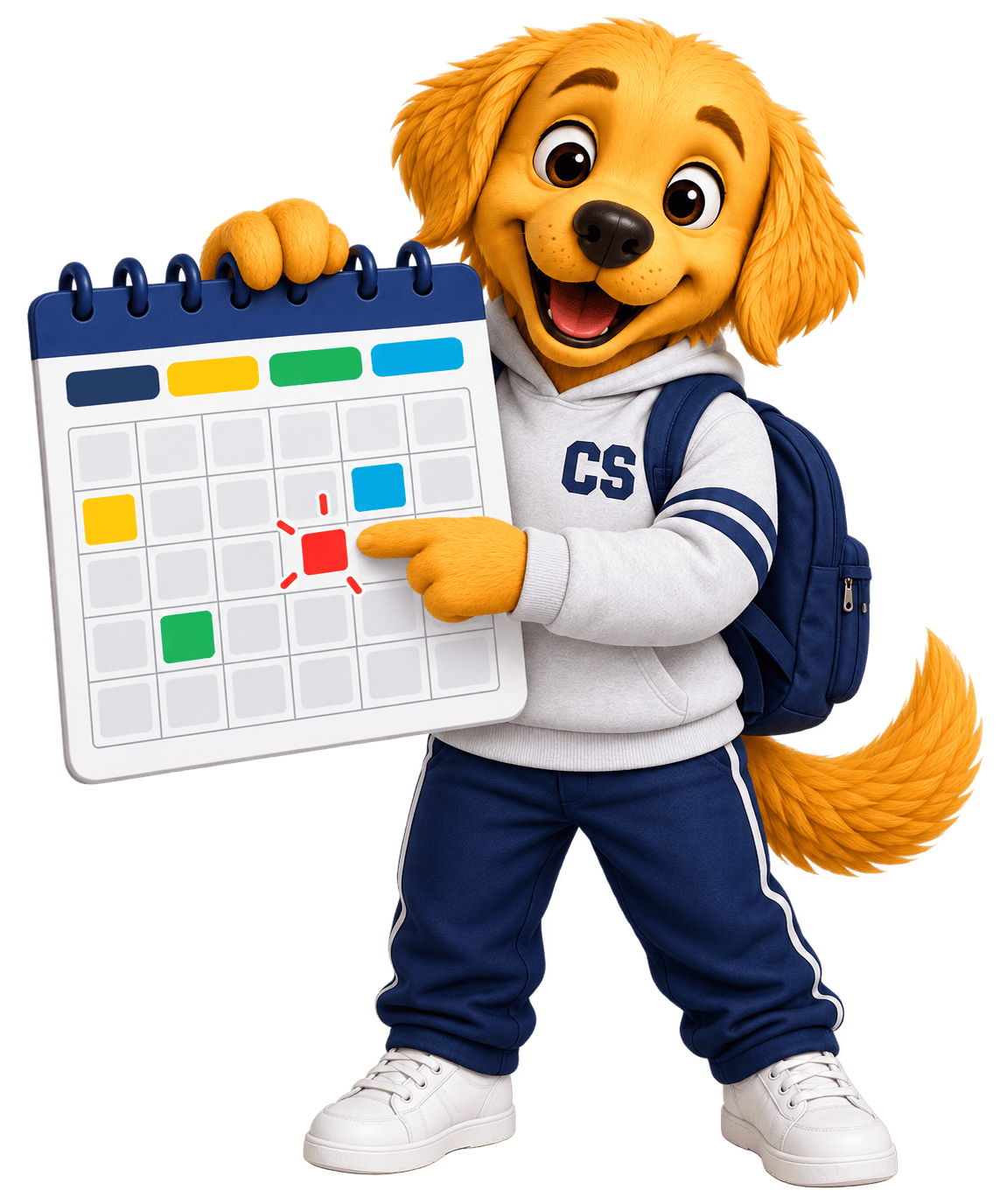 Bruno, mascota del Colegio Calatrava, señalando una fecha en un calendario