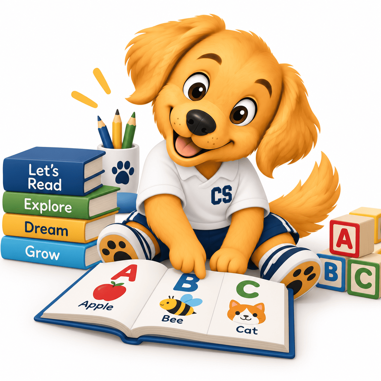 Bruno, mascota del Colegio Calatrava, aprendiendo a leer