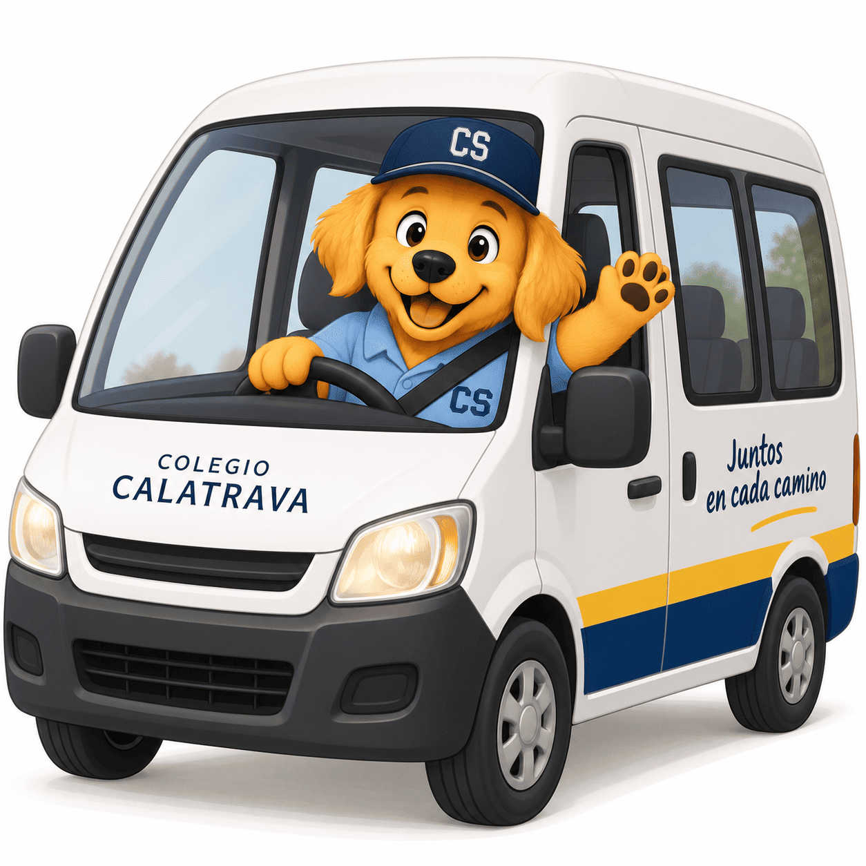 Bruno, la mascota del Colegio Calatrava, al volante de un vehículo escolar