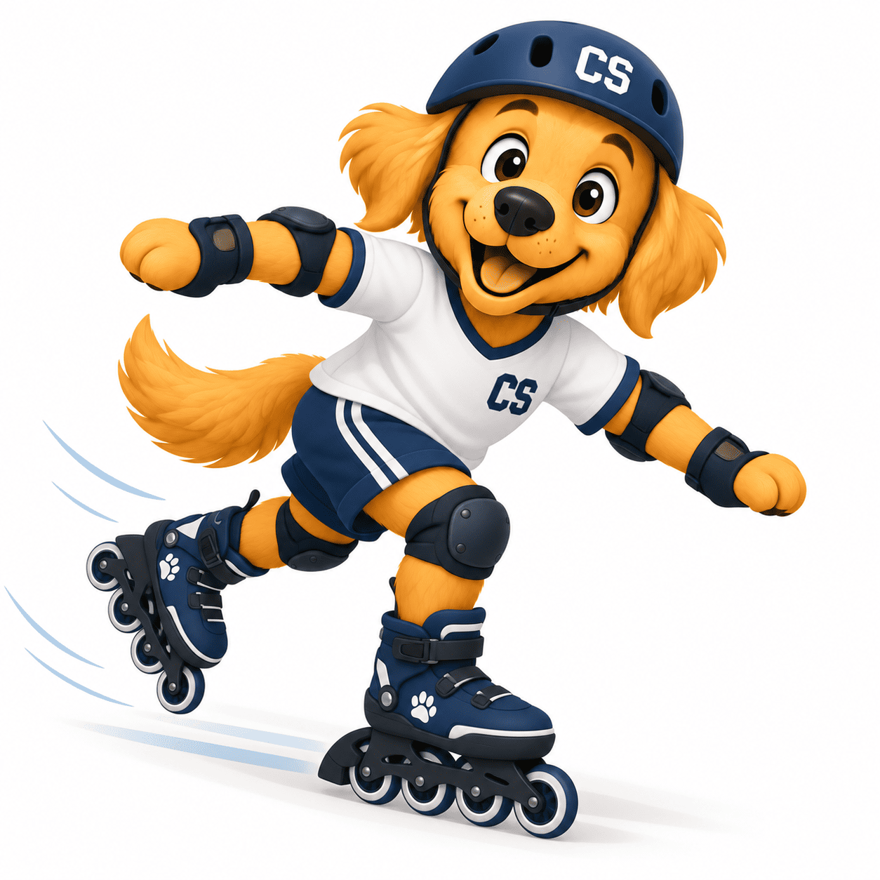 Bruno, mascota del Colegio Calatrava, con patines, casco y protecciones